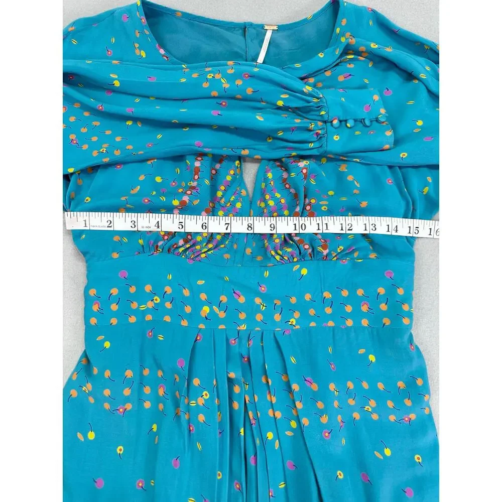 Free People Coryn Mini Dress Cherry Print Teal Blue Green Cut Out Pleated Size 4 - Picture 10 of 12